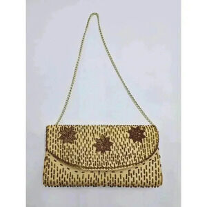 Vtg  Charisma Hong Kong Beaded Yellow and Gold Purse with Chain Strap